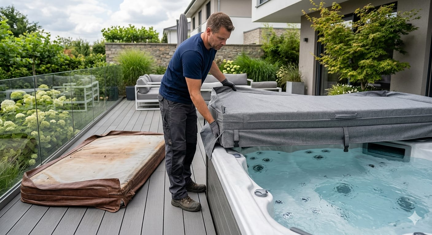 Remplacement d'une couverture de spa usée par une couverture neuve — l'ancienne couverture décolorée et gorgée d'eau est visible au sol